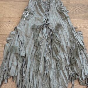 Boho Khaki Maxi Skirt with lace & ribbon Tie Accents